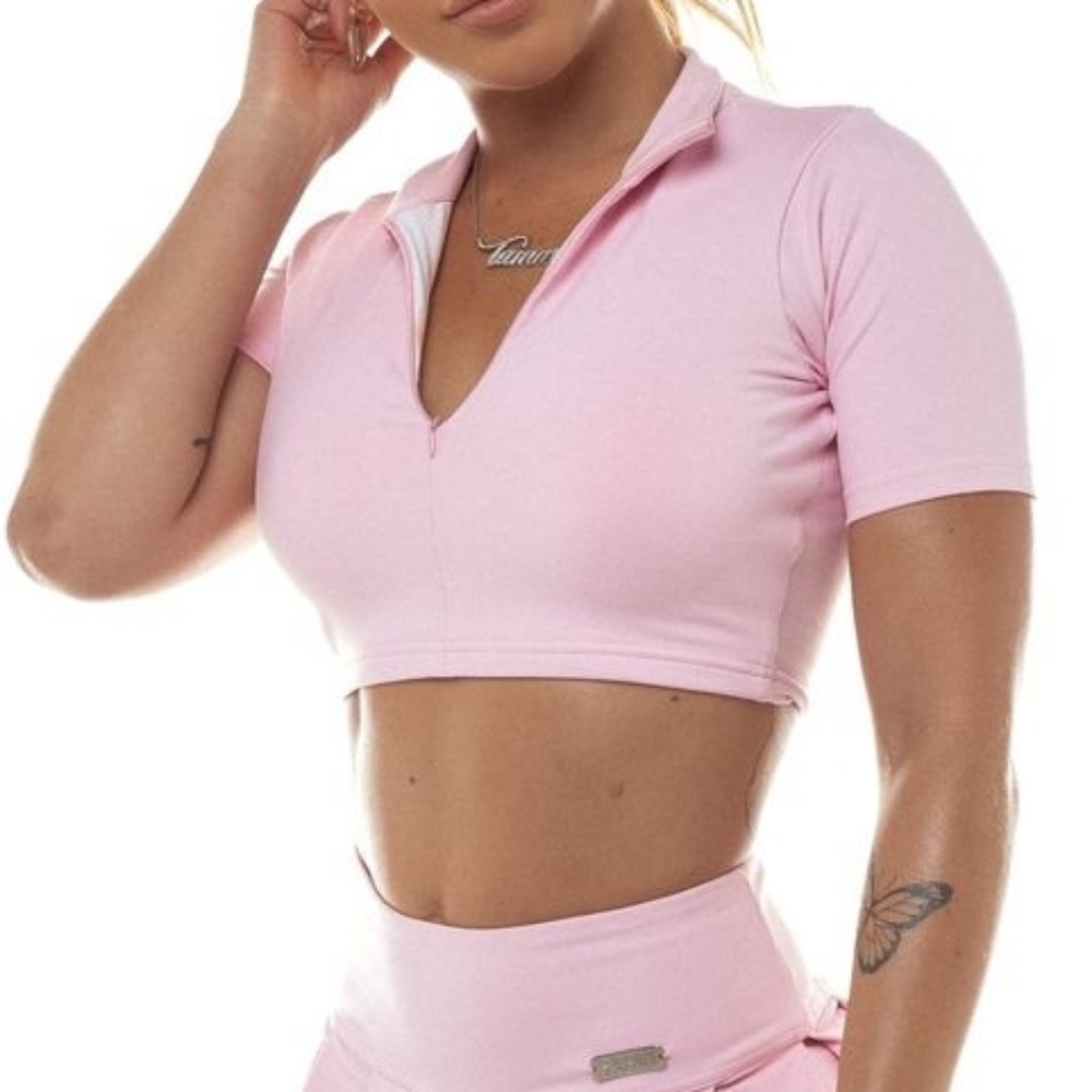 Saski Baby Pink Zip Front Crop